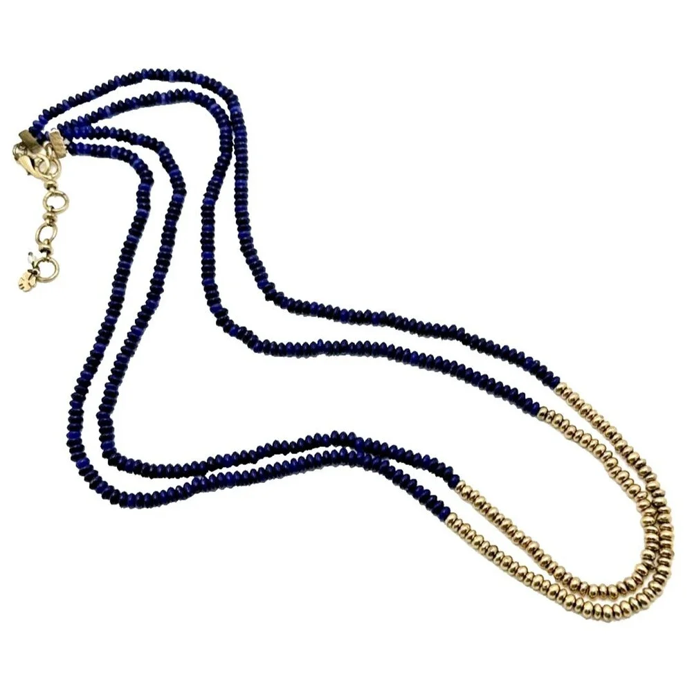 LUCKY BRAND Blue Gold Seed Bead Necklace Multi Strand Statement Boho 26-28
